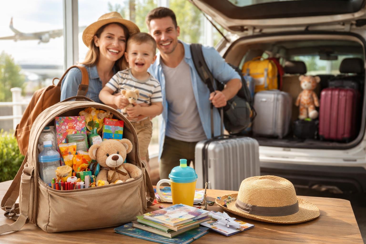 Család kisgyerekkel felkészül a repülőútra és autós útra.