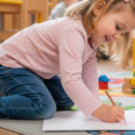 Kisgyermek benti cipőben játszik és rajzol