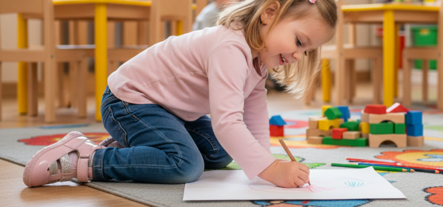 Kisgyermek benti cipőben játszik és rajzol