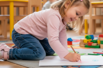 Kisgyermek benti cipőben játszik és rajzol