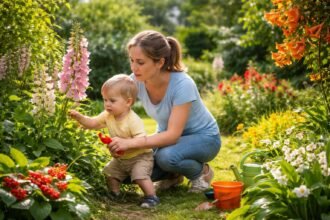 Kisgyerek és anya a kertben, veszélytelen növényeket néznek