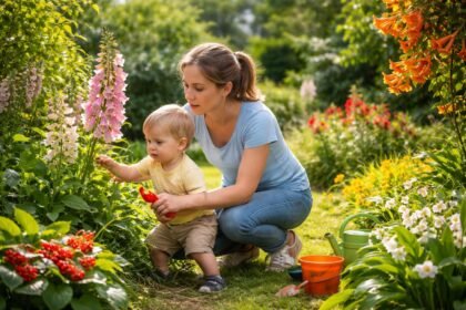 Kisgyerek és anya a kertben, veszélytelen növényeket néznek