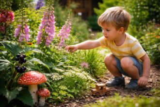 Gyermek a kertben, biztonságos virágok között játszik.