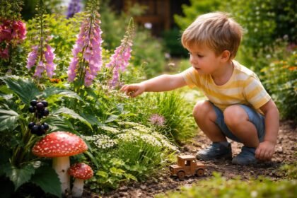 Gyermek a kertben, biztonságos virágok között játszik.