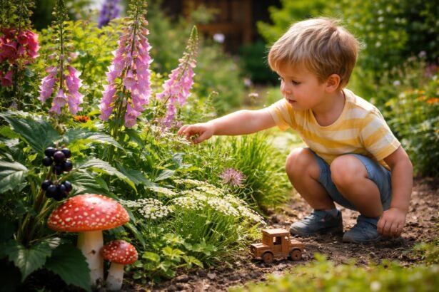 Gyermek a kertben, biztonságos virágok között játszik.