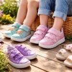 Tavaszi gyerekcipők színes választéka kis lábakra a természetben.