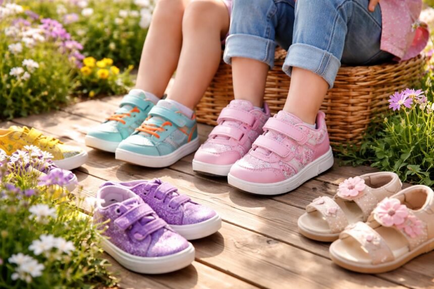 Tavaszi gyerekcipők színes választéka kis lábakra a természetben.