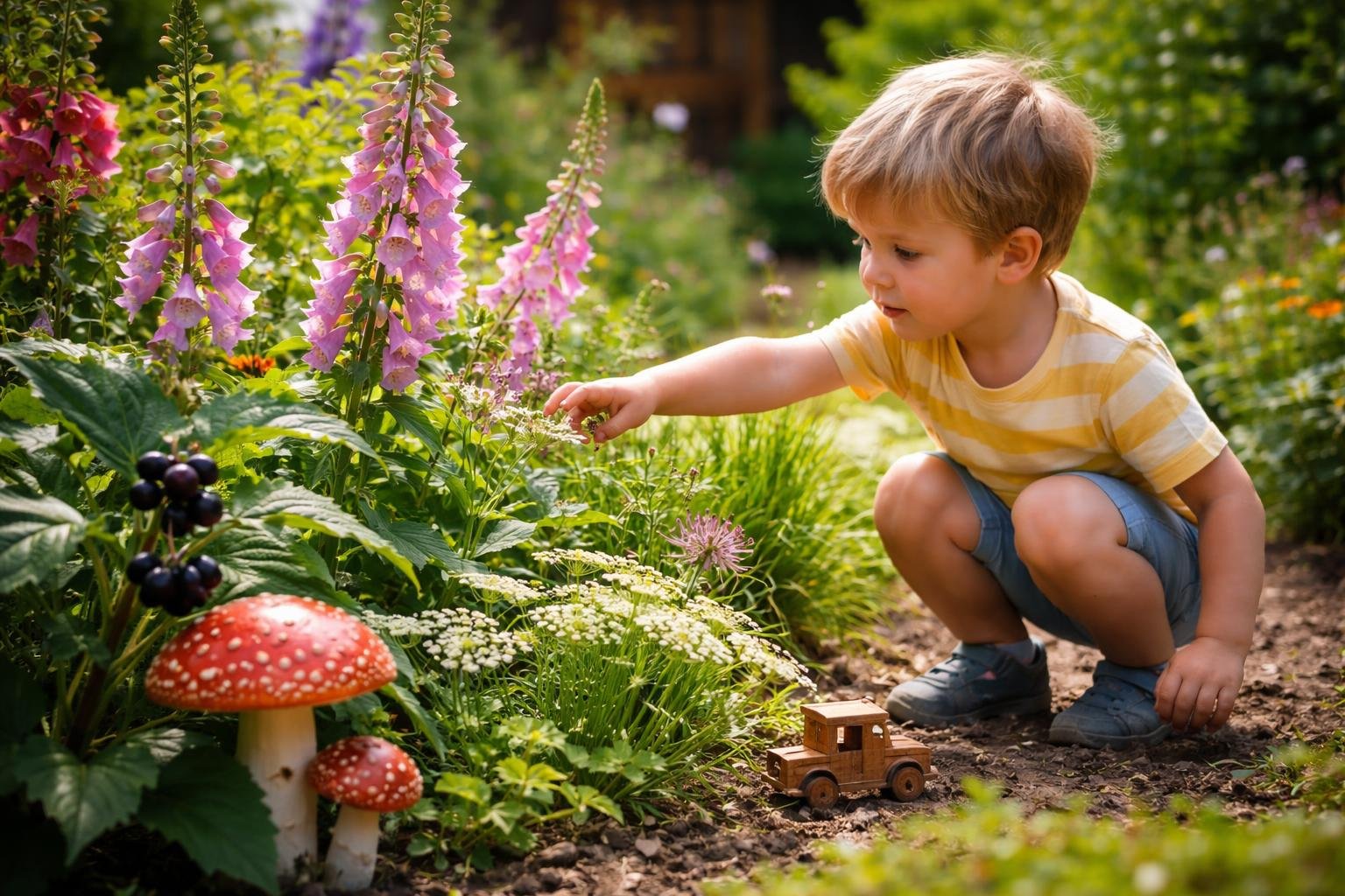 Gyermek a kertben, biztonságos virágok között játszik.