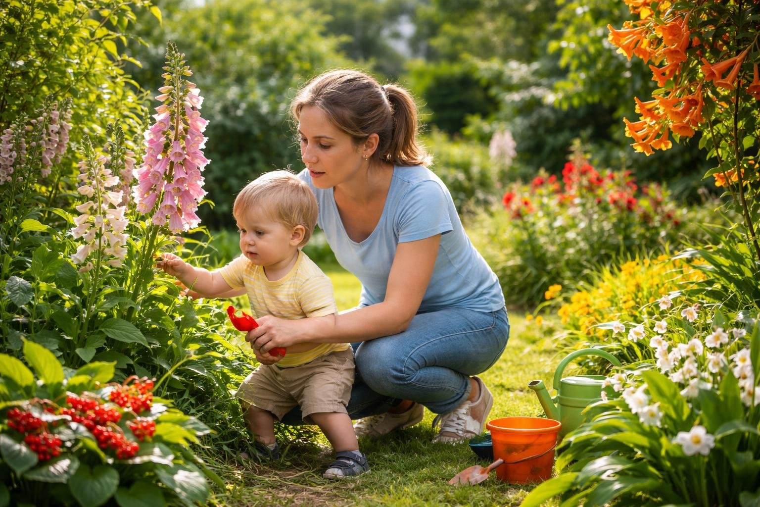 Kisgyerek és anya a kertben, veszélytelen növényeket néznek