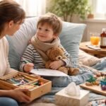 Beteg gyerek kreatív játék közben mamával otthon