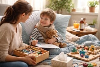 Beteg gyerek kreatív játék közben mamával otthon