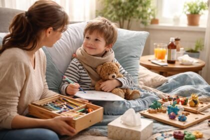 Beteg gyerek kreatív játék közben mamával otthon