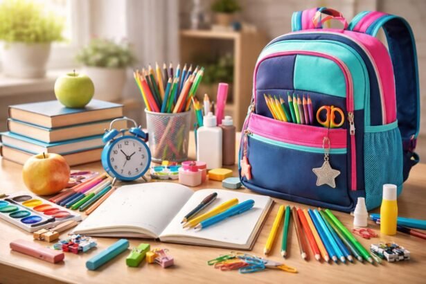 Kezdőszett kisiskolásoknak iskolai felszerelésekkel az asztalon.