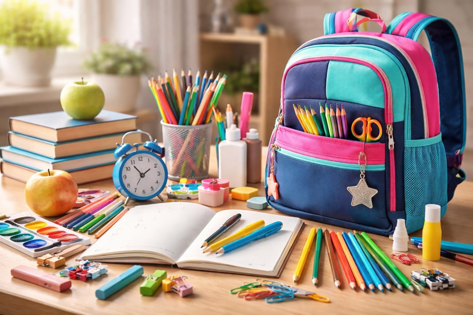 Kezdőszett kisiskolásoknak iskolai felszerelésekkel az asztalon.