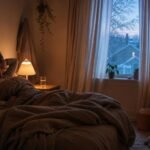 Sötét téli reggelen nehezen ébredő személy fokozatosan készül a napkezdésre